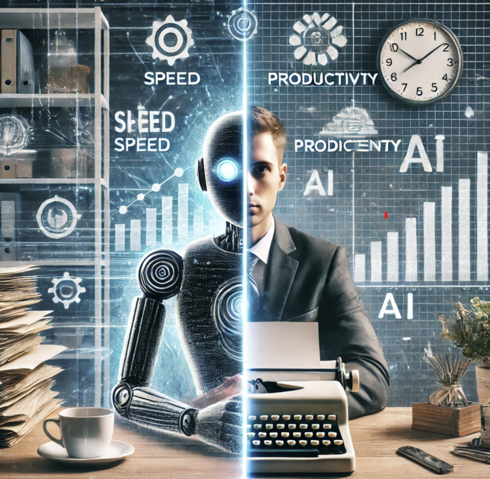 챗GPT 명령을 통해 그린 이미지. AI 기술을 사용하는 현대적이고 깔끔한 환경과 서류 더미와 타자기 등 전통적인 도구를 사용하는 어수선한 환경을 대조적으로 보여준다. AI 측은 효율성과 속도를 상징하는 간단한 그래프와 홀로그램 인터페이스를 반대편은 느리고 비효율적인 수작업을 상징하는 도구들로 표현해 AI 도입의 차이를 시각적으로 명확하게 전달한다. /챗GPT