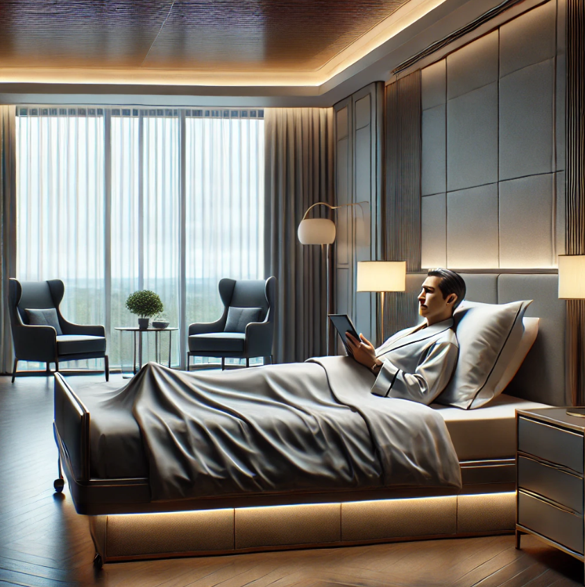 요양원의 특정 입소자가 후원금을 통해 개인적인 요구(거주 공간 변경, 요양보호사 교체 등)를 해 논란이다. 이미지는 경제적 능력이 풍족한 중년이 요양시설 침대에 누워있는 상황을 형상화했다. /챗GPT