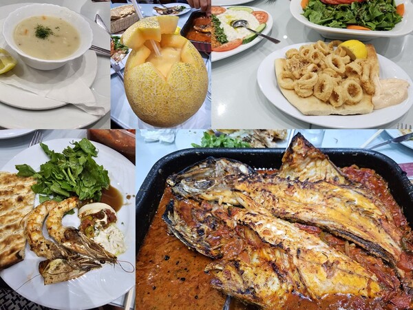 오만에서 먹은 해산물 요리와 멜론 주스 /사진=전지영