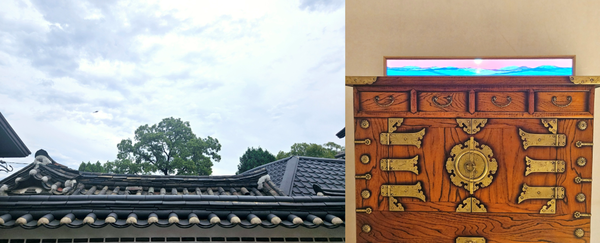 한옥에서 바라보는 부드러운 능선의 하늘(왼쪽)과, 일몰을 담은 박재훈 작가의 미디어 아트 ‘하루의 끝’ /사진=김현주