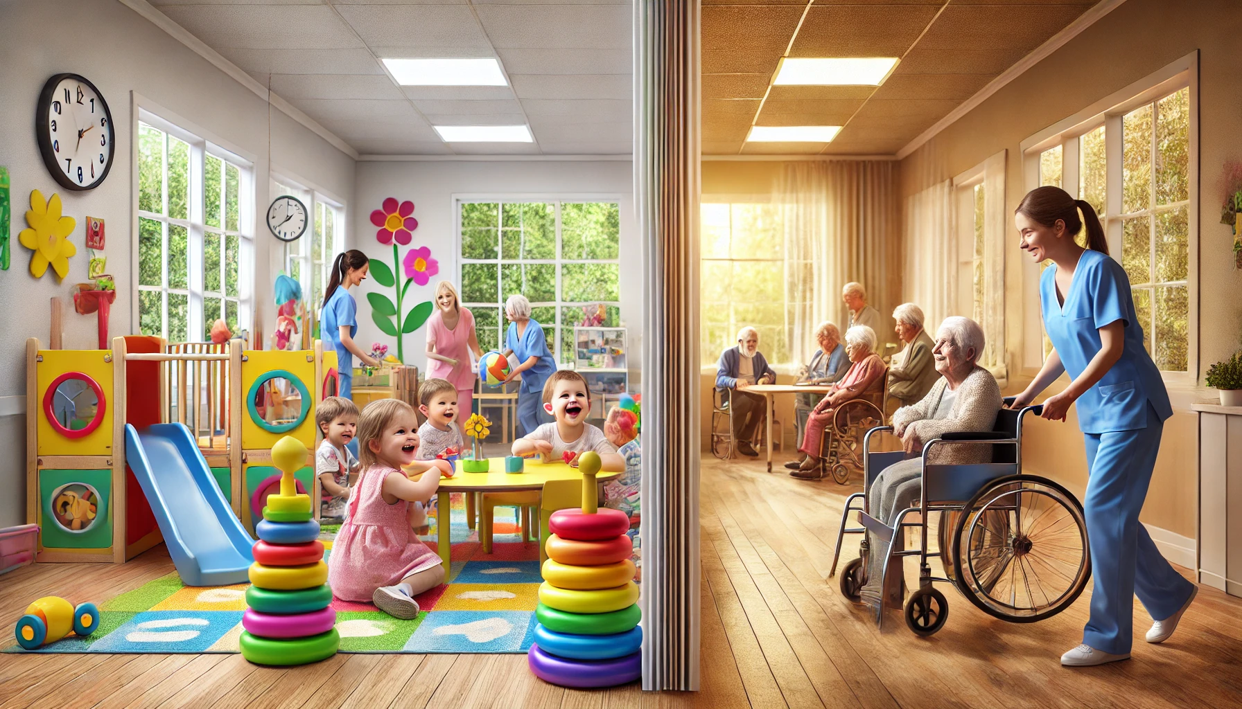 저출생·고령화 현상으로 어린이집·유치원이 노인 장기요양기관으로 전환하는 사례가 증가하고 있다. /챗GPT