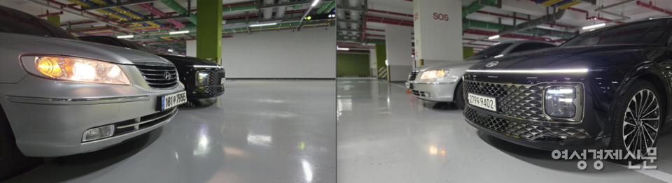 2009년식 그랜저TG(왼쪽)와 2024년식 그랜저 하이브리드의 전면 비교 /김현우 기자