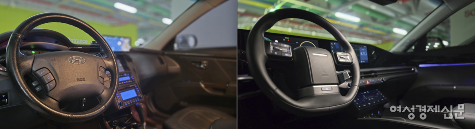 그랜저TG(왼쪽)와 2024년식 그랜저 하이브리드의 운전석 비교 /김현우 기자