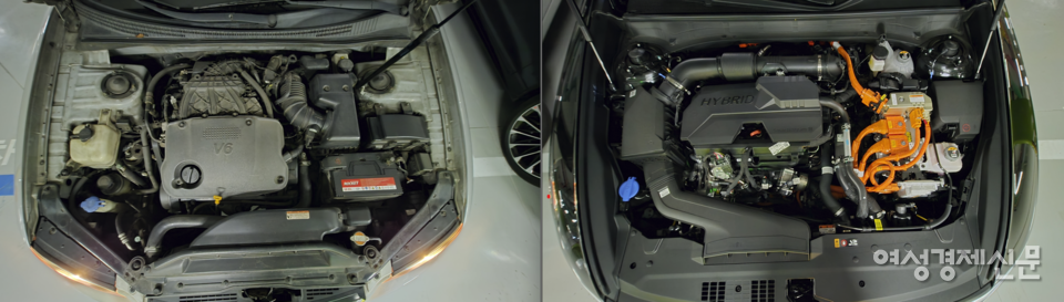 09년식 그랜저TG(왼쪽)와 2024년식 그랜저 하이브리드 모델의 엔진룸 비교 /김현우 기자