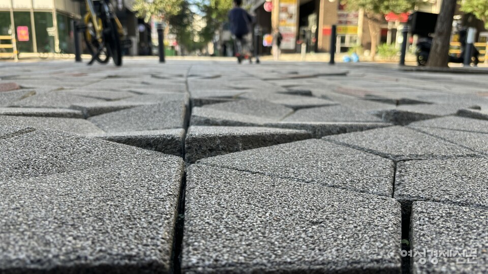 경기 하남시 미사역 주변 보도. 보도블록 들뜸 현상이 심각하다. /김성하 기자