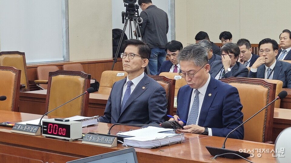 10일 고용노동부(고용부) 국정감사에서 김문수 고용부 장관의 역사관 논란에 노동자들의 생존권과 직결된 문제들이 제대로 다뤄지지 않았다. (왼쪽부터) 김문수 고용부 장관, 김민석 고용부 차관 /천보영 기자