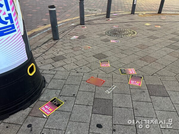 김포시 구래동 중심상가 바닥엔 여기저기 불법 업소를 광고하는 종이 전단들이 흩어져 있다. /김정수 기자