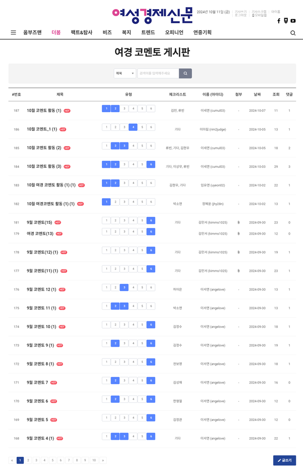여경 코멘토 10월 첫 주 활동 리스트 /여성경제신문 홈페이지 캡처