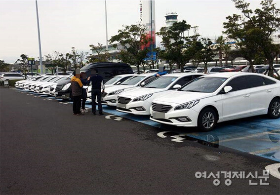 제주도 공항 근처 A 렌터카 업체 주차 공간 모습. 장애인 전용 주차구역에 렌터카들이 주차돼 있다. /여성경제신문