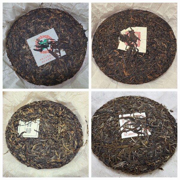 포장지를 벗긴 보이차의 병면. 사진 상단의 오래 보관된 생차(왼쪽)와 숙차(오른쪽)는 색깔이 비슷하고 하단의 생차는 시간이 지나면서 갈색을 띠는 걸 볼 수 있다. 오래 두고 마실 수 있는 생차와 갓 만들어 익은 차의 향미로 마실 수 있는 숙차는 보이차라는 같은 이름을 쓰지만 결이 다른 차이다. /김정관