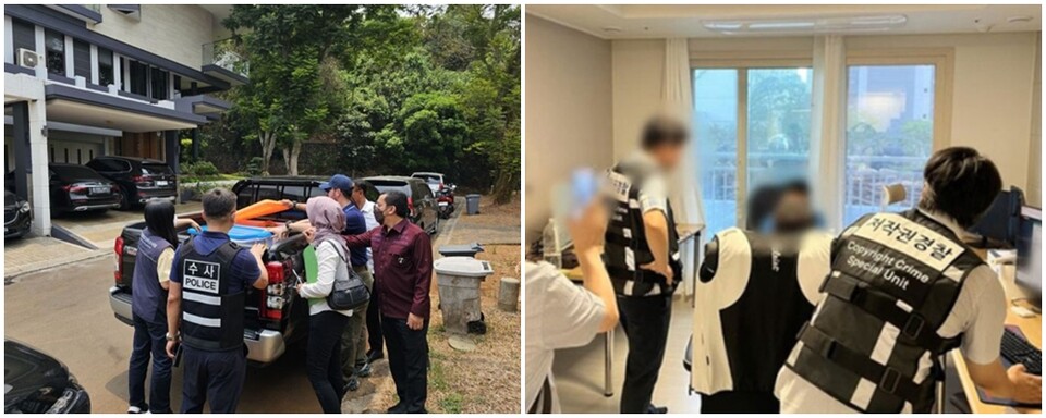 (왼쪽) 한국-인도네시아 불법IPTV 운영자 검거를 위한 국제공조 현지 압수수색 현장과 (오른쪽) ‘아지툰’ 운영자 검거를 위한 압수수색 현장 /한국저작권보호원
