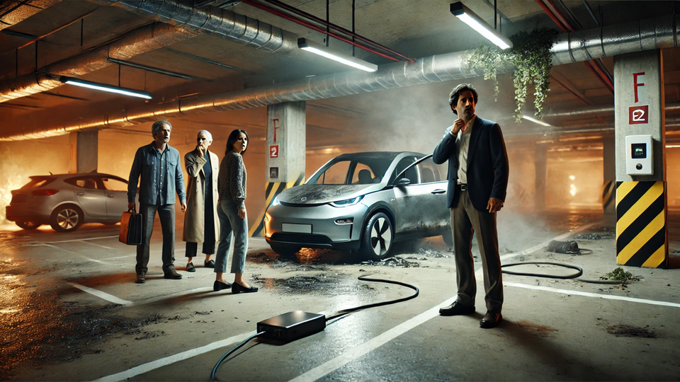 전기차 화재 공포 확산으로 전기차 지하주차를 금지하는 관리 규약·규정을 만드는 아파트·회사 등이 늘고 있는 것으로 나타났다. /챗GPT