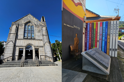 목포 원도심에 위치한 국가 문화유산 경동성당과 북교동 예술인 골목 김우진 작가를 기리는 작은 도서관 앞. /사진=김현주