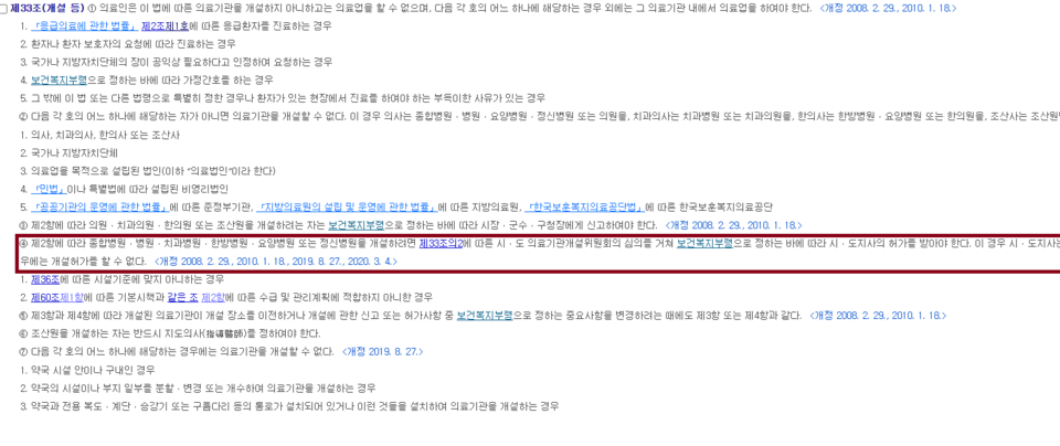 의료법 제33조 4항을 보면 종합병원·병원·치과병원·한방병원·요양병원 또는 정신병원을 개설하려면 시도 위원회의 심의를 거쳐 보건복지부령으로 정하는 바에 따라 시·도지사의 허가를 받아야 한다. /의료법