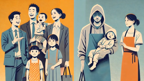 직장인과 자영업자·프리랜서의 육아 환경을 대조적으로 표현한 이미지 /챗GPT