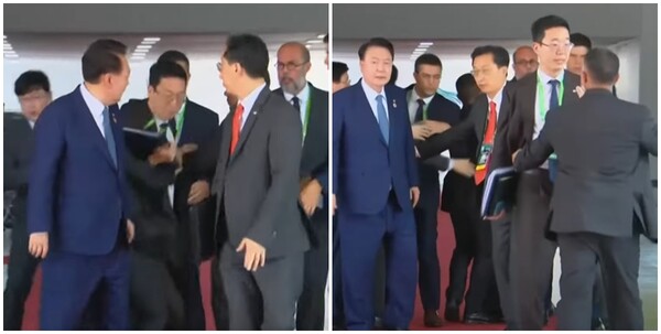 윤석열 대통령이 19일(현지 시각) 브라질에서 열린 주요 20개국(G20) 정상회의 회의장에 입장하는 과정에서 통역 담당 수행원과 현지 경호원 간 몸싸움이 벌어졌다. 우리 정부는 현지 측 착오로 발생한 일이라고 밝혔다. /유튜브 euronews 영상 캡처