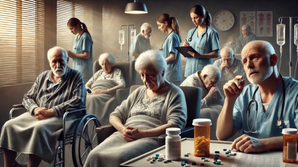 우리나라 장기 요양시설 수급자 중 마약성 진통제, 항정신병제와 같은 중추신경계용 약물을 복용하는 비율이 86.8%에 이른다는 연구 결과가 나왔다. /챗GPT