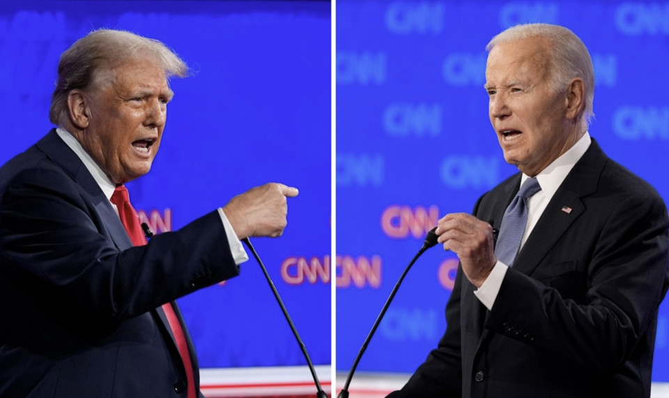 지난 6월 27일(현지 시간) 미국 조지아주 애틀랜타 CNN 스튜디오에서 열린 미 대선 후보 첫 TV 토론에 참석한 조 바이든 대통령(오른쪽)과 도널드 트럼프 전 대통령이 격돌하고 있다. /연합뉴스