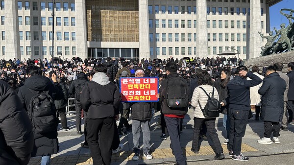 4일 오전 국회의사당 본관 앞에서 한 시민이 탄핵 관련 시위를 진행하고 있다. /서은정 기자