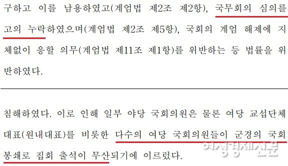 윤석열 대통령 탄핵소추안 중 국무회의 심의 누락, 다수 여당 의원 출석 무산에 관한 부분 /여성경제신문 DB