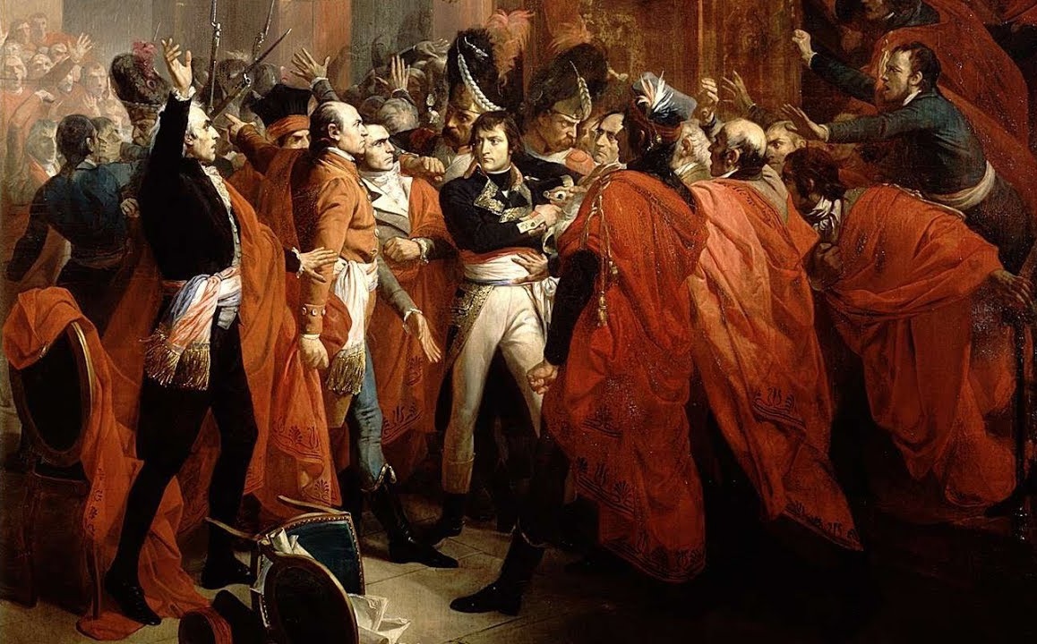 1799년 브뤼메르 18일, 나폴레옹 보나파르트가 오백인 회의(Conseil des Cinq-Cents)에 등장해 프랑스 정치 위기의 해결을 주장하며 새로운 정부 구성을 요구하고 있다. /베르사유 궁전 박물관