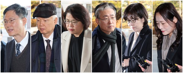 헌법재판관들이 16일 오전 서울 종로구 헌법재판소로 출근하고 있다. 사진은 (왼쪽부터) 문형배 헌법재판소장 권한대행, 정형식, 김복형, 김형두, 이미선, 정정미 헌법재판관 /연합뉴스