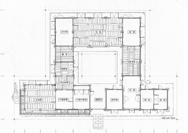 양동마을 관가정 전경(위)과 평면도. 평면도 오른쪽 아래 공간이 사랑채, 안마당이 있는 공간이 안채인데 손님을 맞이하는 영역과 식구들이 생활하는 영역이 완전하게 분리되어 있다. /사진·설계도=김정관