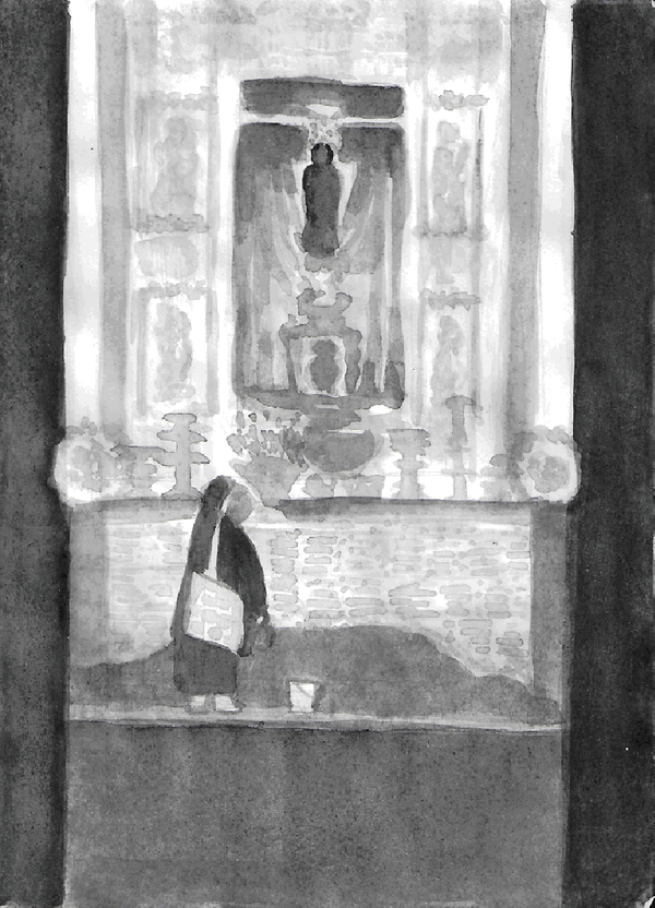 북어당 본당의 검은 부처상과 승려 /일러스트레이션=윤마디