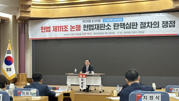 지성우 한국헌법학회장이 23일 오전 국회 의원회관에서 열린 국민의힘 초선의원 공부모임 '헌법 제111조 논쟁, 헌법재판소 탄핵심판 절차의 쟁점'에 참석해 발제하고 있다. /서은정 기자