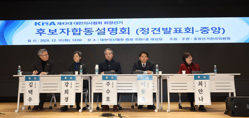 지난달 10일 오후 서울 용산구 대한의사협회(의협)에서 제43대 의협 회장선거 후보자합동설명회(정견발표회-중앙)가 진행되고 있다. 왼쪽부터 김택우·강희경·주수호·이동욱·최안나 후보. /연합뉴스