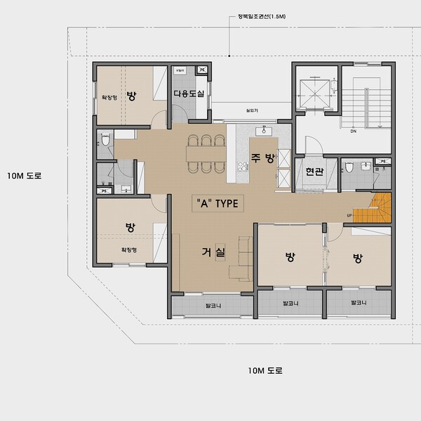 필자가 설계 중인 상가주택 3층에 있는 단독주택 평면도, 안방을 따로 두지 않았고 방의 크기가 다 비슷하다. 건축주는 집이 지어져서 입주하면서 아이들이 먼저 방을 정하고 남은 방을 부부가 쓸 것이라고 했다. 이렇게 집을 쓴다면 식구들에게 방은 '방'으로 집은 '집'이 되어 '우리집'으로 다가오지 않을까? /자료=김정관