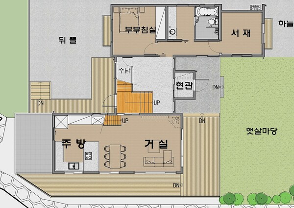 필자의 대표작이라 할 수 있는 단독주택 '심한재', 평면도는 거실채와 침실채로 채 나눔이 되어 있다. 침실채의 1층은 부부의 영역으로 노후에 방을 따로 써도 좋다. 2층은 아이들 영역이지만 훗날에는 손님의 영역이 될 것이다. 물론 가장 귀한 손님은 며느리와 사위일 텐데 손주는 손님이 아니라 할아버지 할머니의 분신이다. /김정관