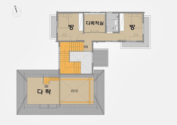 필자 설계 단독주택 심한재, 침실채와 거실채가 계단 홀을 중심으로 나누어져 있다. 방이 거실채와 떨어져 있어 프라이버시가 확보되어 있지만 계단홀에서 '누구야"하고 부르면 대답할 수 있도록 우리 식구의 심리적 거리는 이어져 있다. /김정관