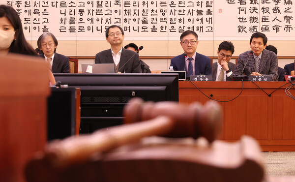 지난 1월 5일 서울 여의도 국회 법제사법위원회 법안심사제1소위원회에서 열린 상법 개정 관련 공청회에서 최준선 성균관대 법학전문대학원 명예교수(오른쪽)가 발언하고 있다. /연합뉴스