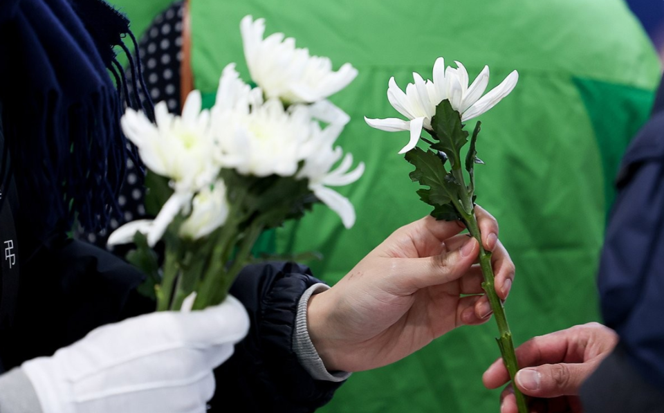 지난해 1월 2일 전남 무안군 무안국제공항에 마련된 제주항공 여객기 참사 희생자 합동분향소에서 한 자원봉사자가 조문객에게 국화를 나눠주고 있다. /연합뉴스