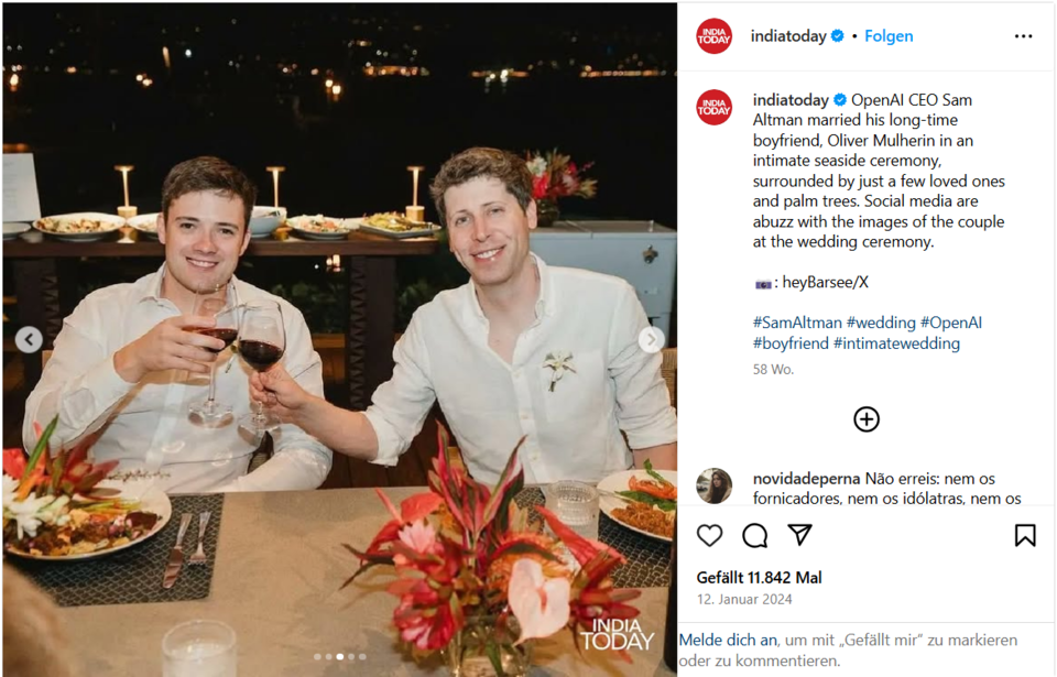 지난해 1월 인디아투데이 인스타그램에 샘 올트먼의 결혼 소식을 알리는 게시글이 게재됐다. /인디아투데이 인스타그램 캡처