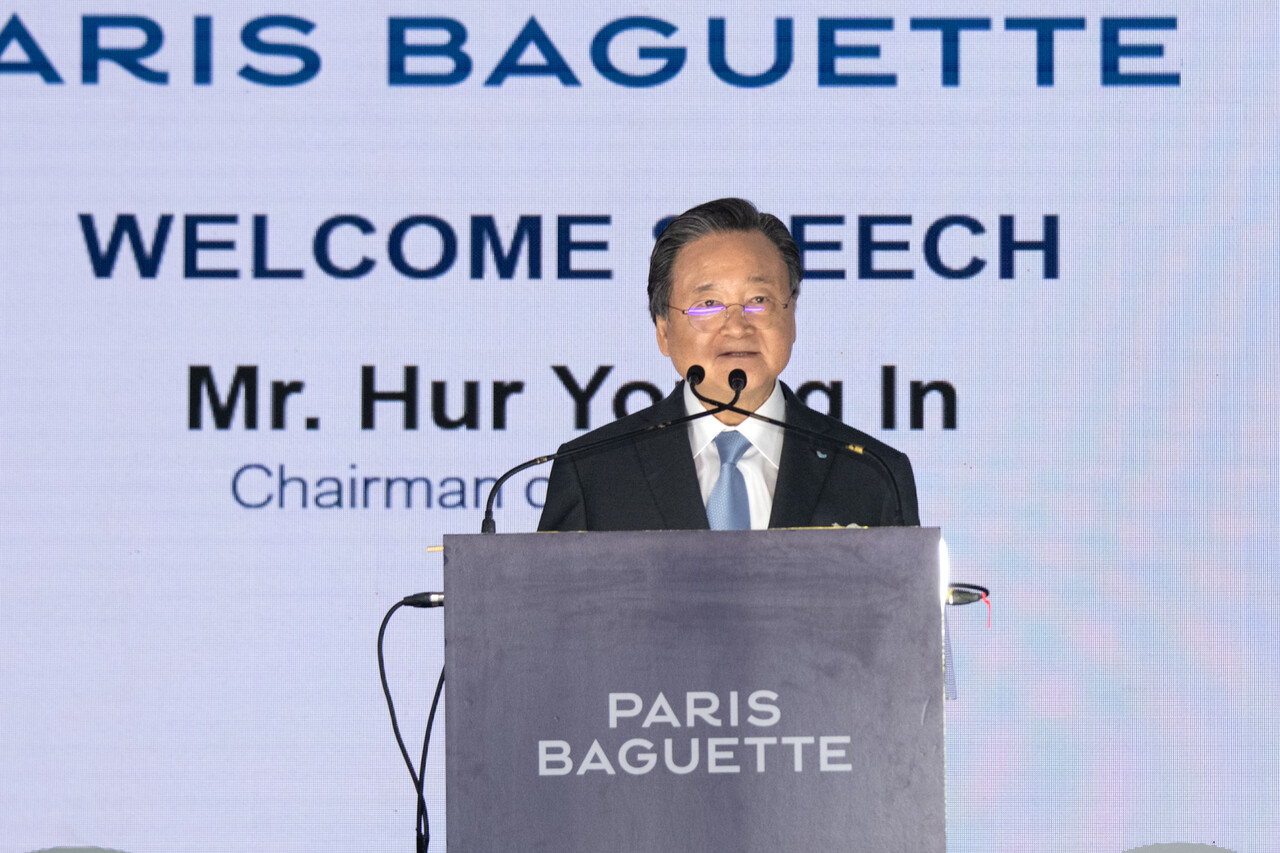 25일(현지시각) 열린 ‘파리바게뜨 조호르 생산센터’ 준공식에서 축사를 하고 있는 허영인 SPC그룹 회장 /SPC그룹