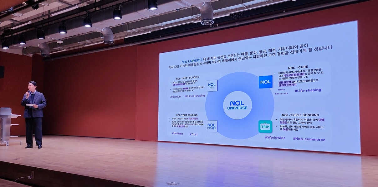 놀유니버스는 지난 6일 오후 판교에 위치한 신사옥 ‘텐엑스타워’에서 기자간담회를 열고 놀유니버스의 서비스 전략과 사업 비전 등 성장 방향을 발표했다. 이날 이철웅 최고 마케팅 책임자가 발표를 진행하고 있다. /류빈 기자