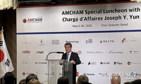 18일 조셉 윤 주한미국대사대리가 서울 종로구 포시즌스호텔에서 열린 주한미국상공회의소(암참) 초청 특별 간담회에서 발언하고 있다. /김성하 기자