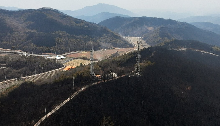 산림청이 28일 오전 5시 기준 경북 청송군 지역 산불 진화율이 89%라고 밝힌 가운데 청송군 파천면 신기리 일대 야산이 불에 타 그을려 있다. /연합뉴스