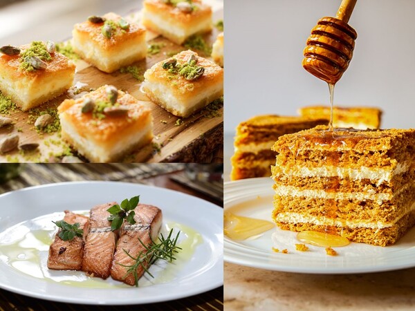 꿀을 활용한 세계 요리. (왼쪽 위에서부터 시계 방향으로) 바클라바, 메도비크, 마누카 허니 글레이즈드 살몬 /픽사베이