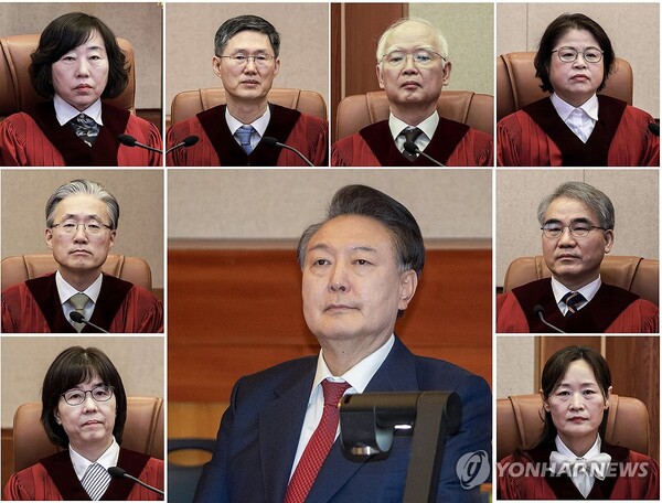 윗줄 왼쪽부터 시계방향으로 헌법재판소 대심판정에 앉은 정계선, 문형배, 정형식, 김복형, 조한창, 정정미 헌법재판관, 윤 대통령, 이미선, 김형두 헌법재판관.