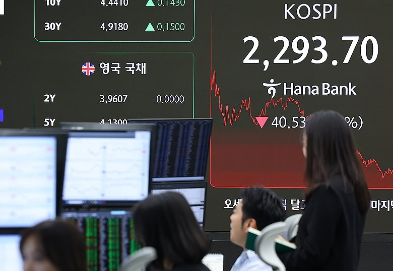 미국의 상호관세 발효와 동시에 한국 증시는 2300선 밑으로 떨어졌다. 원/달러 환율은 전거래일 대비 10.9원 오른 1481.4원에 마감됐다. /연합뉴스
