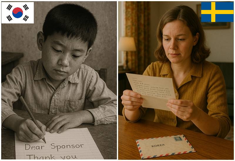 1969년을 배경으로 감사 편지를 쓰는 한국 소년과 편지를 받아본 스웨덴 여성의 모습 /챗GPT