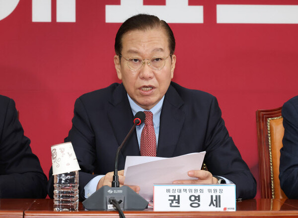 국민의힘 권영세 비상대책위원장이 17일 국회에서 열린 비상대책위원회의에서 발언하고 있다. /연합뉴스