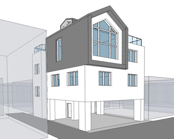 필자 설계 도심 단독주택, 1층은 현관과 주차장이고 2층에 침실을 두고 3층은 거실과 주방이 있다. /김정관