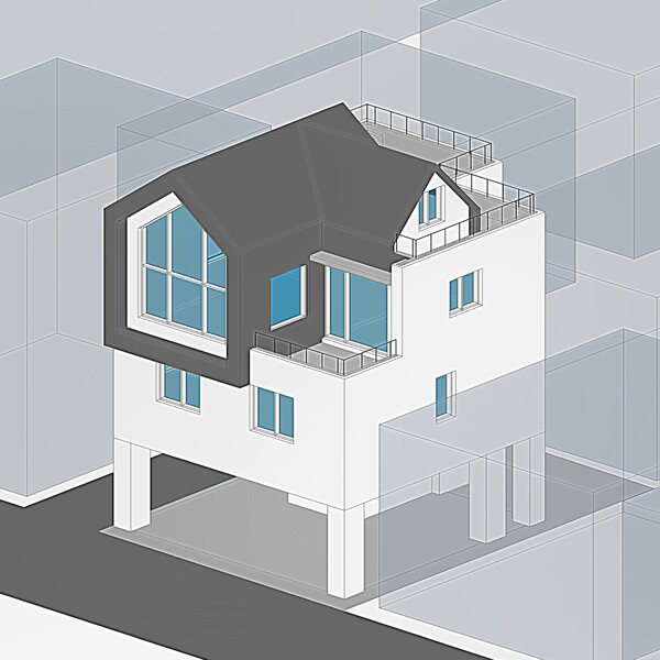 필자 설계 도심 단독주택 수정 계획안 - 3층 거실 층에 작은 마당을 두었다. 이 마당이 있어서 거실과 주방이 외부공간으로 열리니 가족들의 일상생활이 달라질 수 있다. 단독주택에 마당이 없으면 아파트나 다를 게 없지 않을까? /김정관