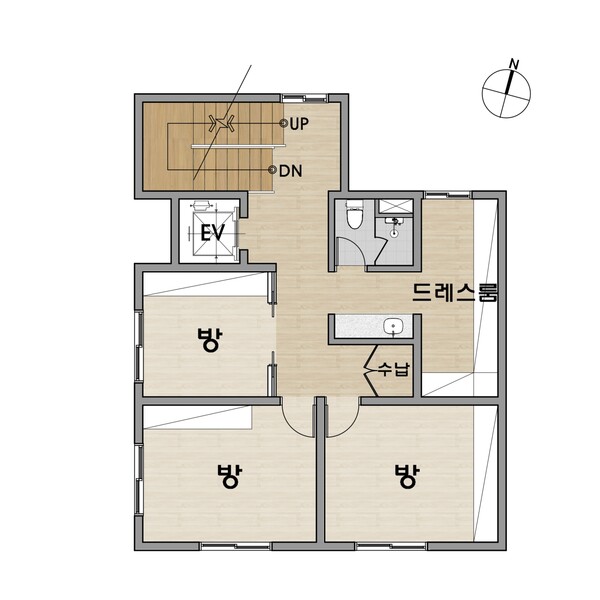 이층의 침실, 안방의 욕실을 없애고 식구들이 함께 쓸 수 있는 우리집만의 욕실 공간을 만들었다. 가족들이 공유하는 드레스룸에서 서로 옷을 골라주는 모습은 상상만으로도 미소가 지어진다. /김정관