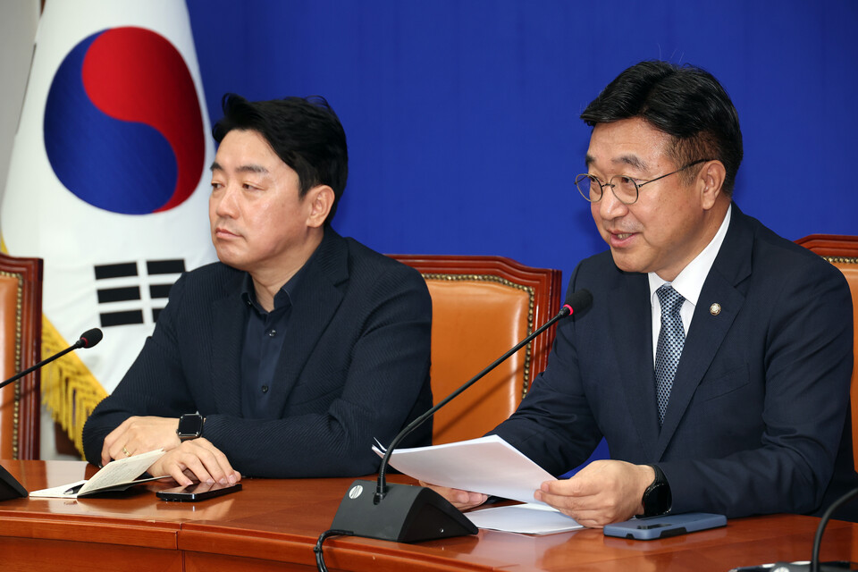 5일 서울 여의도 국회에서 더불어민주당 윤호중 총괄선대본부장이 기자간담회를 하고 있다. /연합뉴스