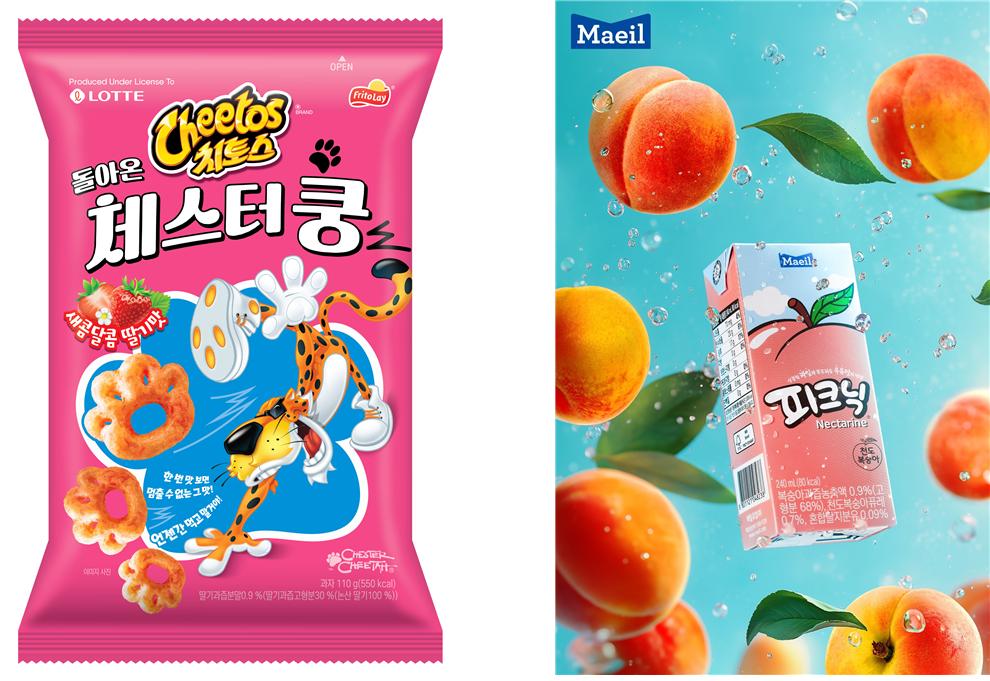 롯데웰푸드가 30여 년 만에 재출시한 ‘치토스 돌아온 체스터쿵’(왼쪽), 매일유업이 2016년 단종했던 제품을 재출시한 피크닉 천도복숭아맛 /각 사